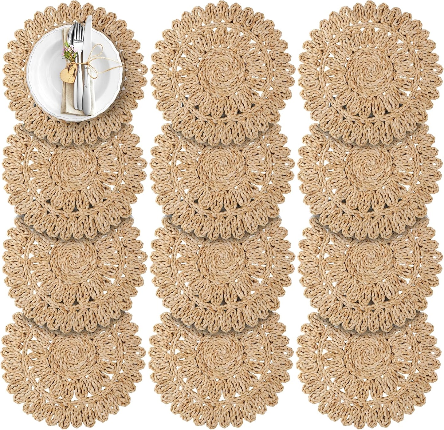 13.8" Corn Husk Woven Round Placemats Set of 6 - Wicker Boho Farmhouse Placemats - Rattan Table Mats for Dining Table, Wedding, Home