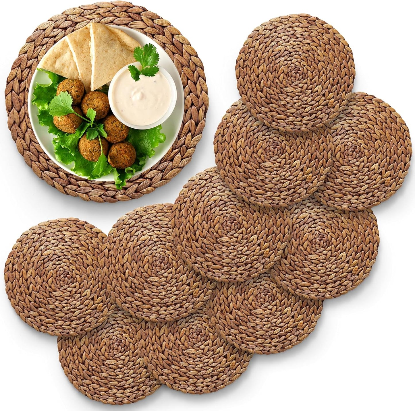 (Sizes:11.8"-13.5''-15") BLUEWEST Woven Placemats (Set of 10), Round Rattan Water Hyacinth Table Mats, Braided Durable & Heat-Resistant Design for Dining Table (11.8'')