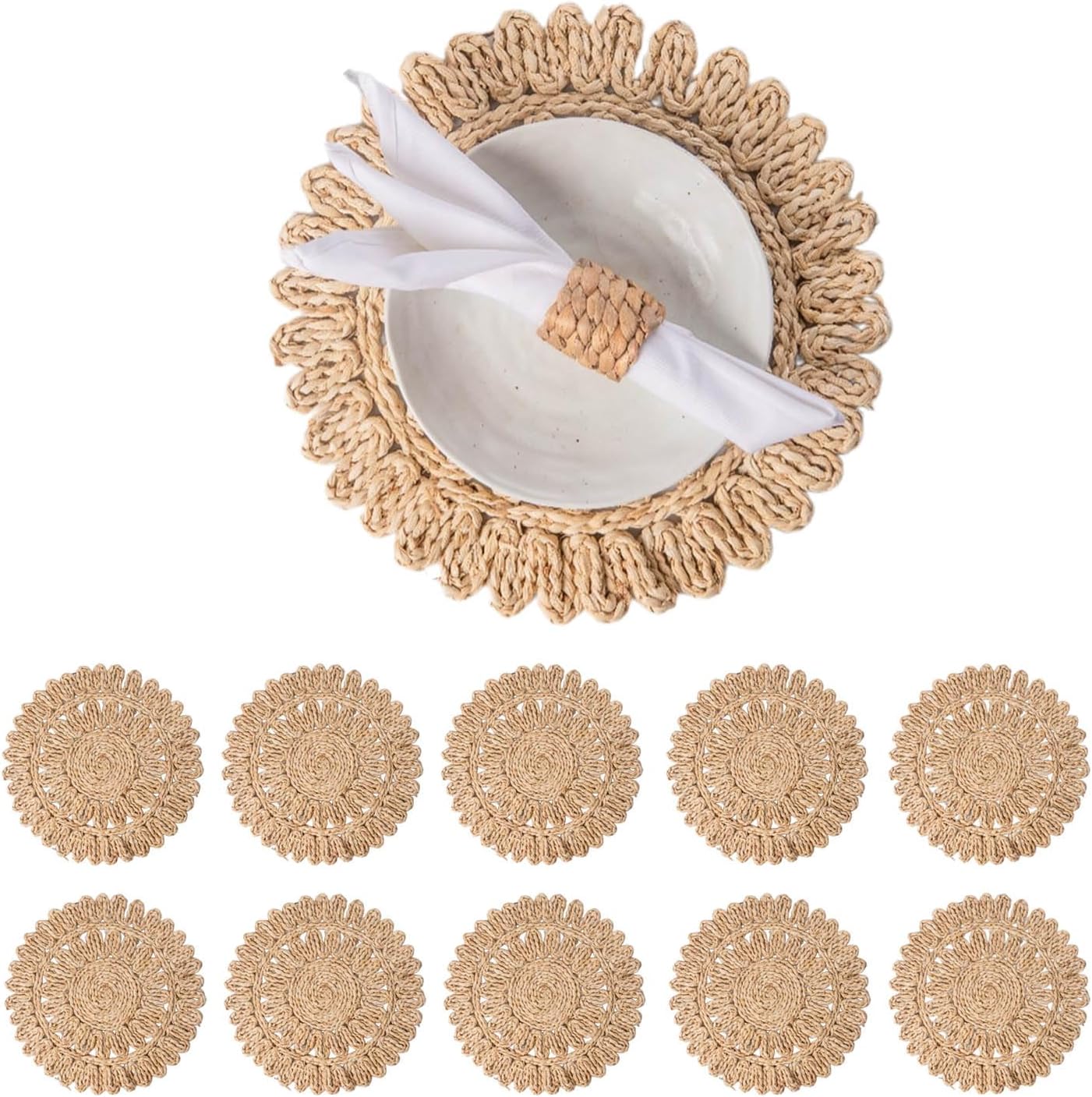 13.8" Round Corn Husk Placemats Set of 6 | Boho Wicker Rattan Woven Table Mats | Farmhouse Spring Plate Chargers Like Seagrass, Water Hyacinth for Christmas, Party, Wedding, Events