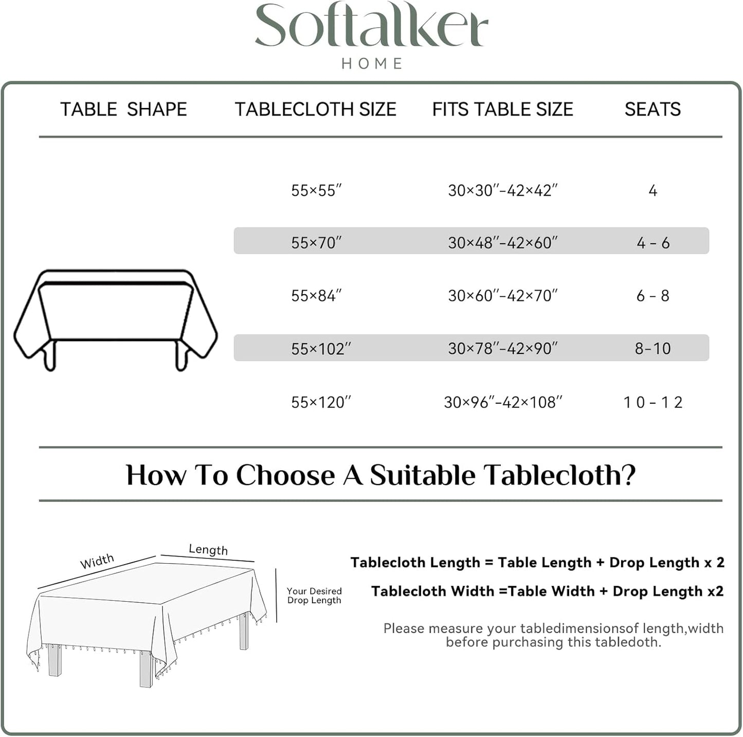 Softalker Checkered Tablecloth Rectangle, Heavy Weight Linen Cotton Gingham Outdoor Table Cloth with Tassel, Washable Wrinkle Free Buffalo Plaid Table Cover for Dining/Party/Home - 55 x 84 Inch, Sage