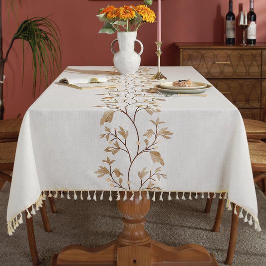 Laolitou Cotton Linen Waterproof Tablecloth for Dining Table Farmhouse Kitchen Rectangle Table Cloth Coffee Wrinkle Free Tables Cover, Beige, Coffee Flower, 55x86 Inch