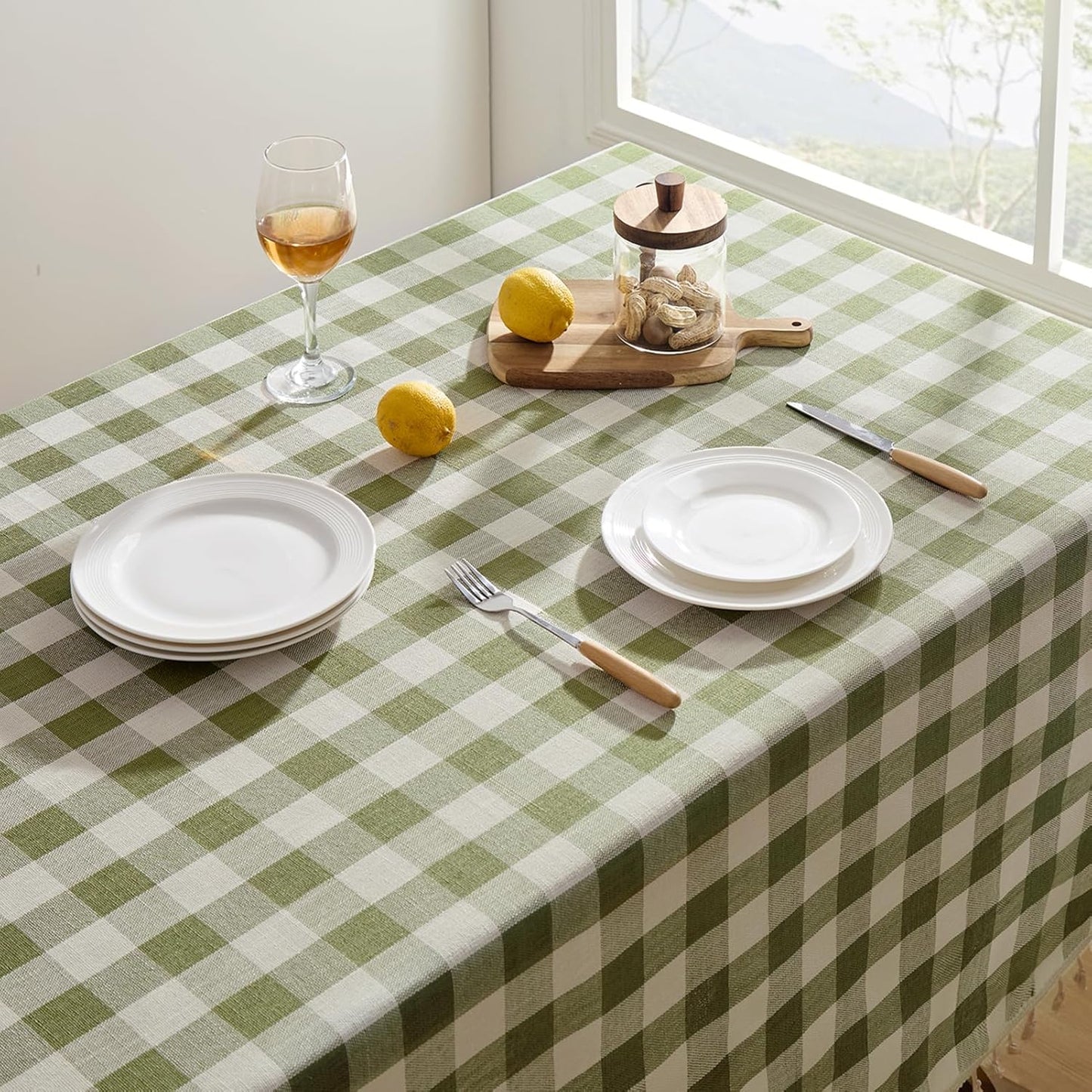 Softalker Checkered Tablecloth Rectangle, Heavy Weight Linen Cotton Gingham Outdoor Table Cloth with Tassel, Washable Wrinkle Free Buffalo Plaid Table Cover for Dining/Party/Home - 55 x 84 Inch, Sage