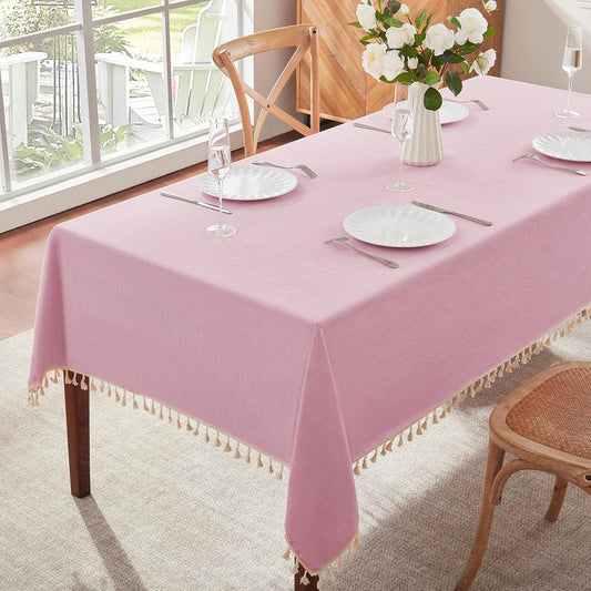 Alsoo Table Cloth Rectangle Table Heavy Duty Cotton Linen Tablecloth Farmhouse Boho Waterproof Wrinkle Free Tables Cover with Tassel for Kitchen Dining Holiday Party, Pink, 55" x 75"