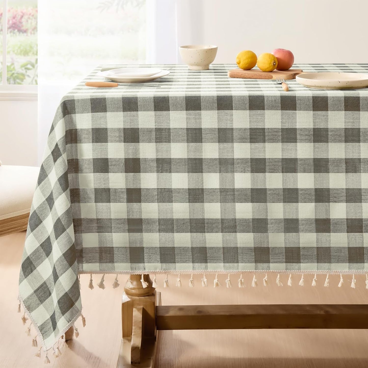 Softalker Checkered Tablecloth Rectangle, Heavy Weight Linen Cotton Gingham Outdoor Table Cloth with Tassel, Washable Wrinkle Free Buffalo Plaid Table Cover for Dining/Party/Home - 55 x 84 Inch, Sage