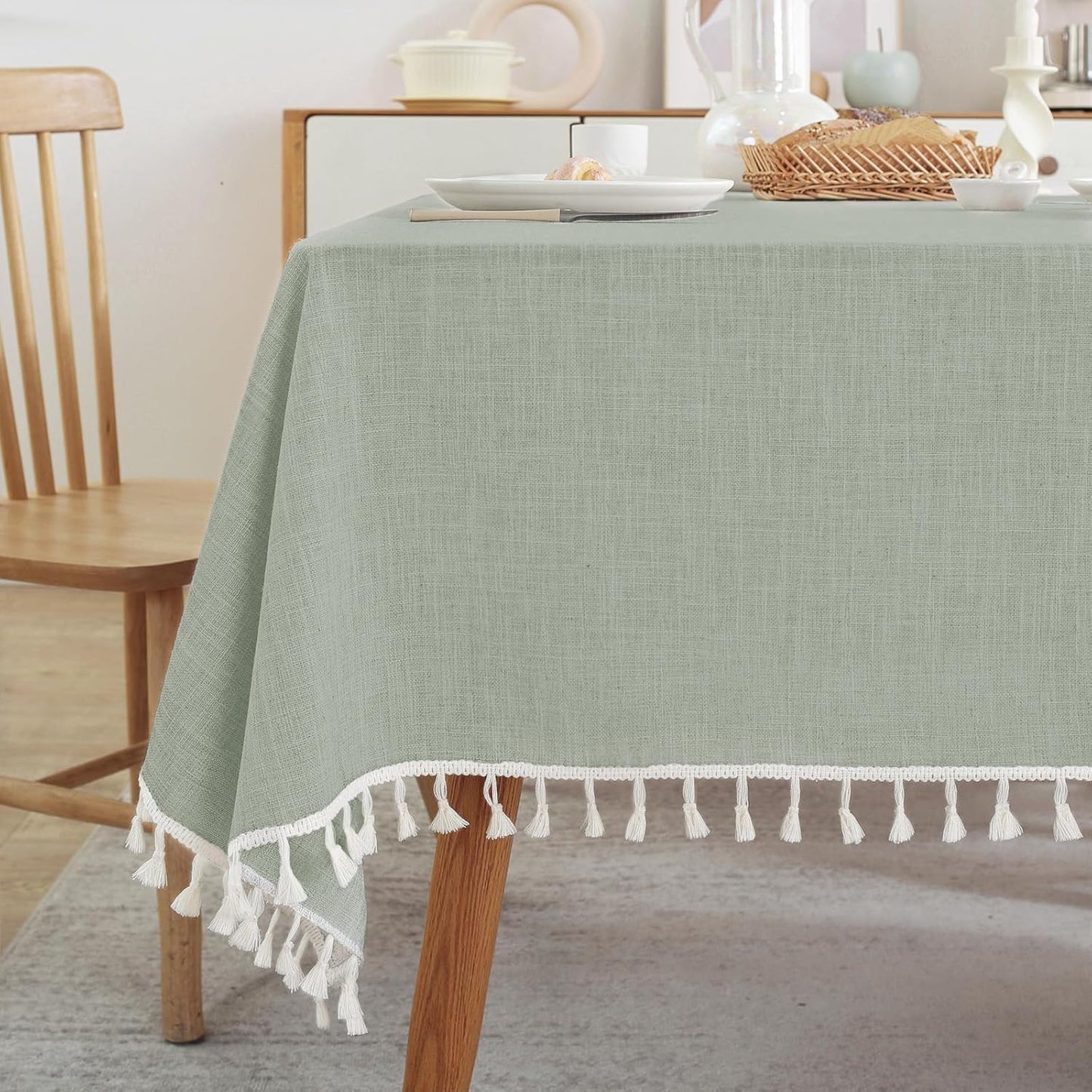 Laolitou Textured Table Cloth for Rectangle Table, Heavy Duty Farmhouse Tablecloth Solid Cotton Linen Waterproof Wrinkle Free Burlap Tables Cover for Kitchen Dining,Party, Ivory 55''x90'',6-8 Seats