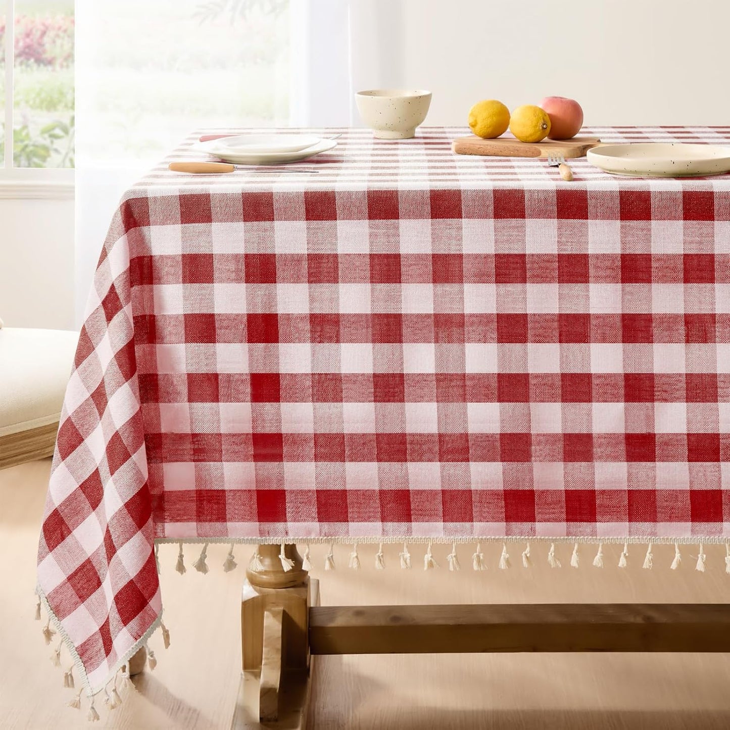 Softalker Checkered Tablecloth Rectangle, Heavy Weight Linen Cotton Gingham Outdoor Table Cloth with Tassel, Washable Wrinkle Free Buffalo Plaid Table Cover for Dining/Party/Home - 55 x 84 Inch, Sage