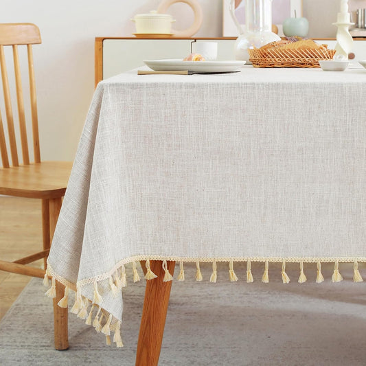 Laolitou Textured Table Cloth for Rectangle Table, Heavy Duty Farmhouse Tablecloth Solid Cotton Linen Waterproof Wrinkle Free Burlap Tables Cover for Kitchen Dining,Party, Ivory 55''x90'',6-8 Seats