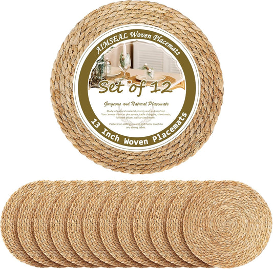 13 Inch Woven Placemats Set of 12, Boho Round Place Mats for Dining Table Decor, Rustic Jute Chargers for Dinner Plates, Outdoor Patio, Farmhouse Wedding, Water Hyacinth Wicker Rattan Braided Placemat