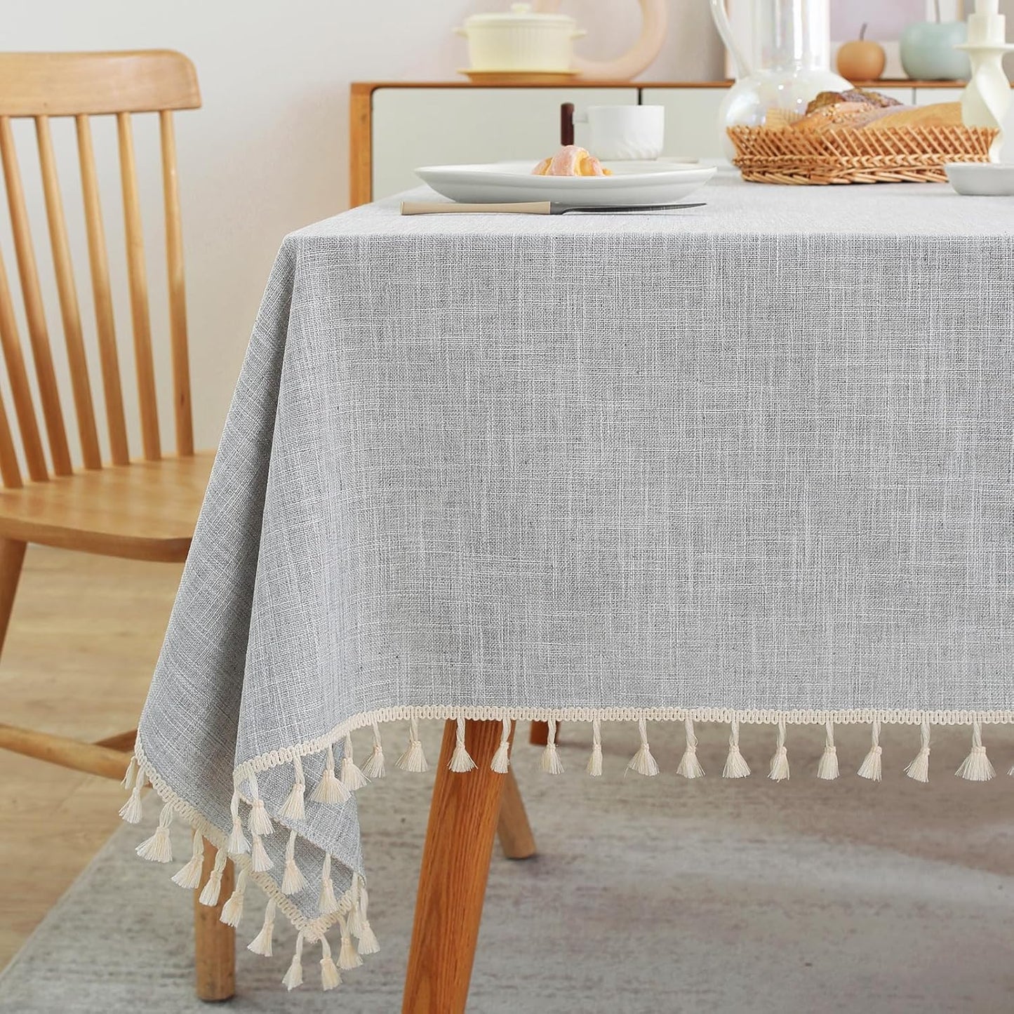 Laolitou Textured Table Cloth for Rectangle Table, Heavy Duty Farmhouse Tablecloth Solid Cotton Linen Waterproof Wrinkle Free Burlap Tables Cover for Kitchen Dining,Party, Ivory 55''x90'',6-8 Seats