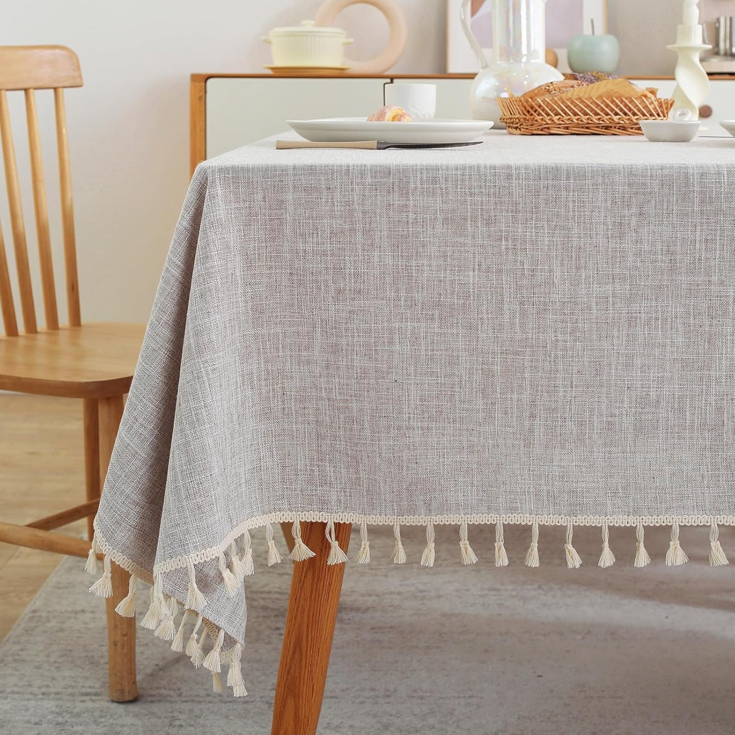 Laolitou Textured Table Cloth for Rectangle Table, Heavy Duty Farmhouse Tablecloth Solid Cotton Linen Waterproof Wrinkle Free Burlap Tables Cover for Kitchen Dining,Party, Ivory 55''x90'',6-8 Seats