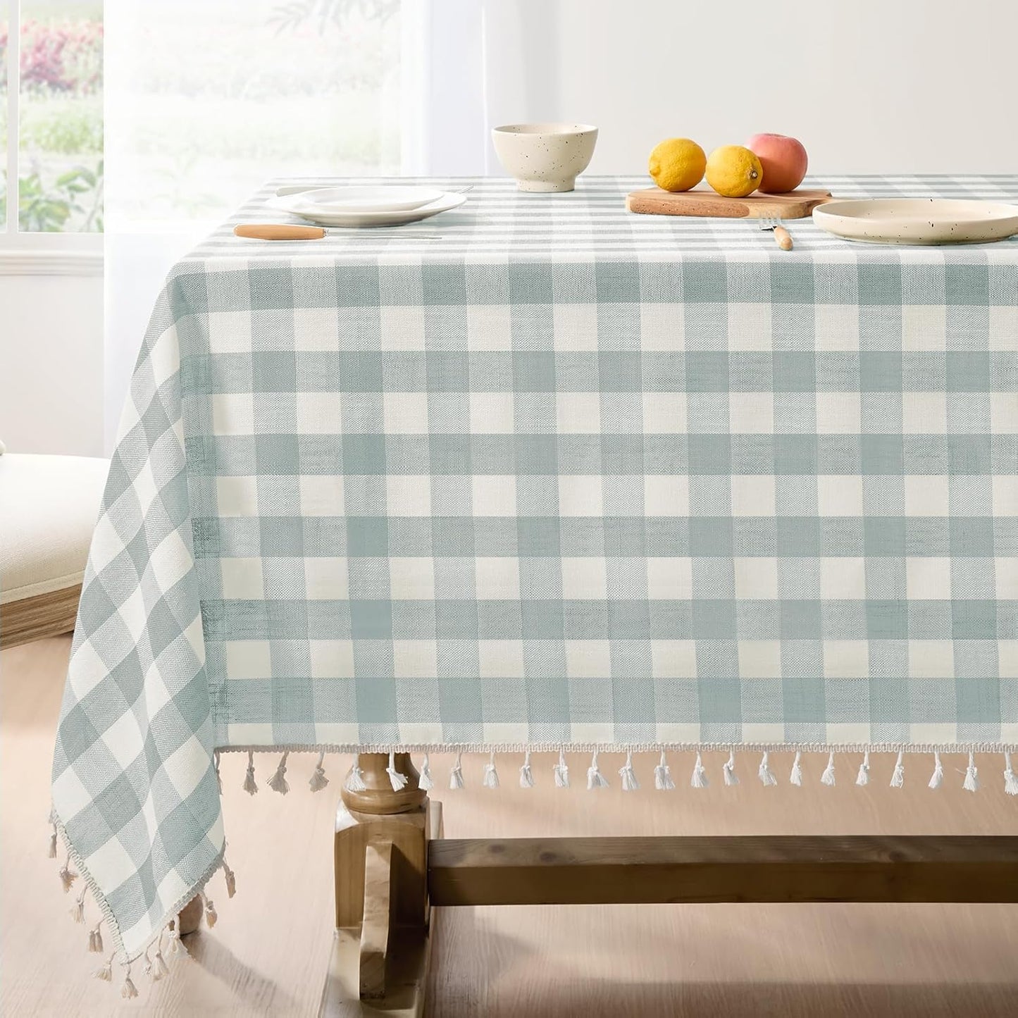 Softalker Checkered Tablecloth Rectangle, Heavy Weight Linen Cotton Gingham Outdoor Table Cloth with Tassel, Washable Wrinkle Free Buffalo Plaid Table Cover for Dining/Party/Home - 55 x 84 Inch, Sage