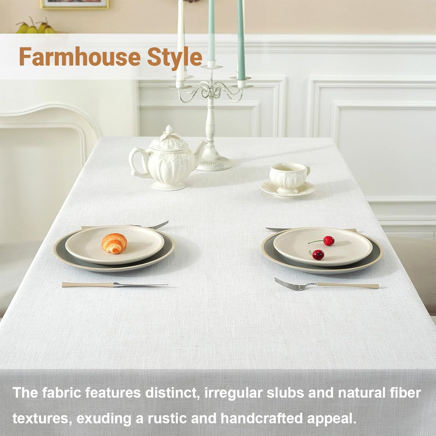 Laolitou Textured Table Cloth for Rectangle Table, Heavy Duty Farmhouse Tablecloth Solid Cotton Linen Waterproof Wrinkle Free Burlap Tables Cover for Kitchen Dining,Party, Ivory 55''x90'',6-8 Seats
