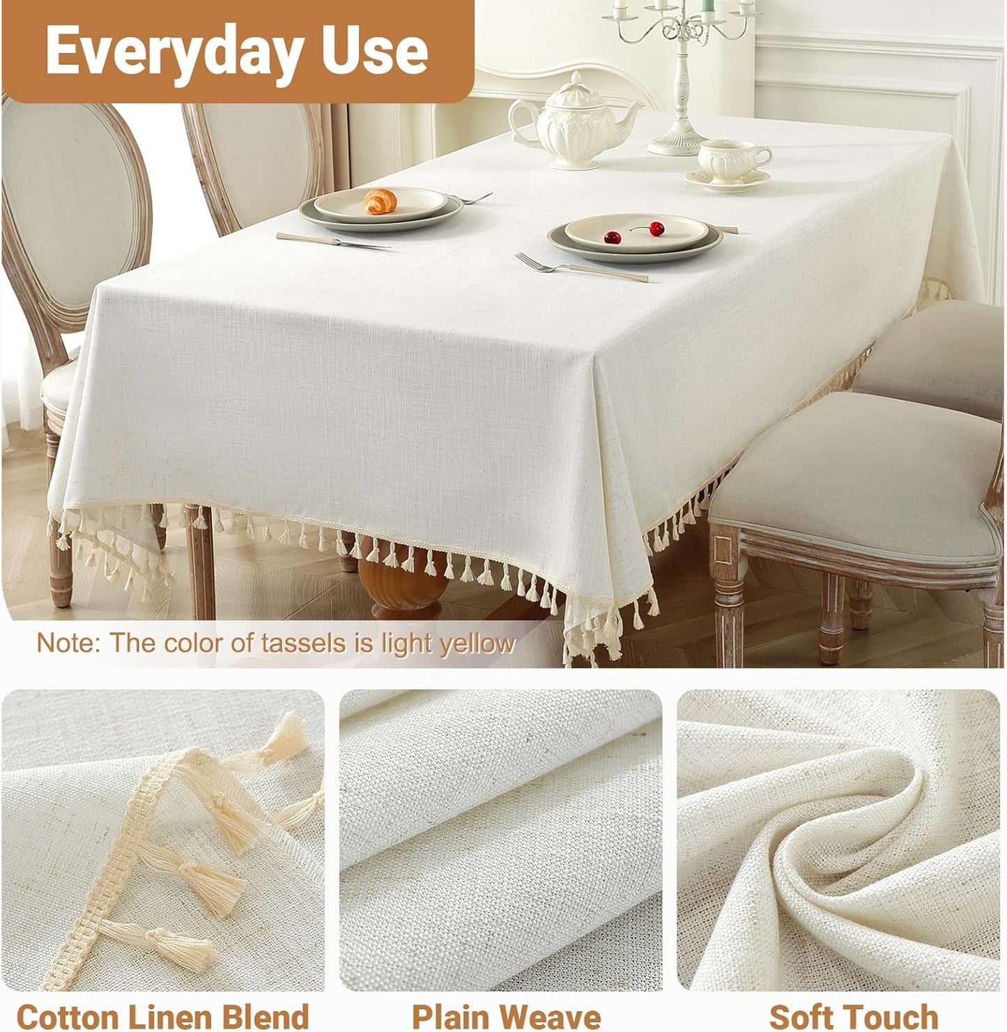 Laolitou Textured Table Cloth for Rectangle Table, Heavy Duty Farmhouse Tablecloth Solid Cotton Linen Waterproof Wrinkle Free Burlap Tables Cover for Kitchen Dining,Party, Ivory 55''x90'',6-8 Seats