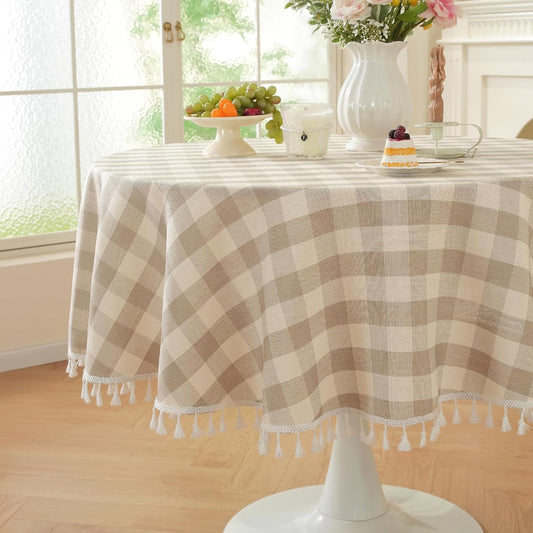 Laolitou Beige Checkered Round Tablecloth Washable Buffalo Plaid Table Cloth with Tassel Cotton Linen Gingham Table Cover for Dining Room, Beige, Round, 60", 2-4 Seats