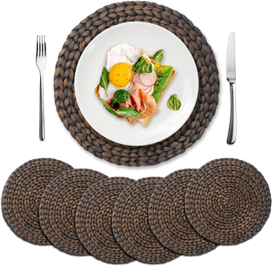 6 Pack, Round Woven Placemats, Natural Water Hyacinth Wicker Place mats, Braided Straw Table Mats for Dining Table, Fall, Halloween, Thanksgiving, Chrismats, Black (13.8 inch)