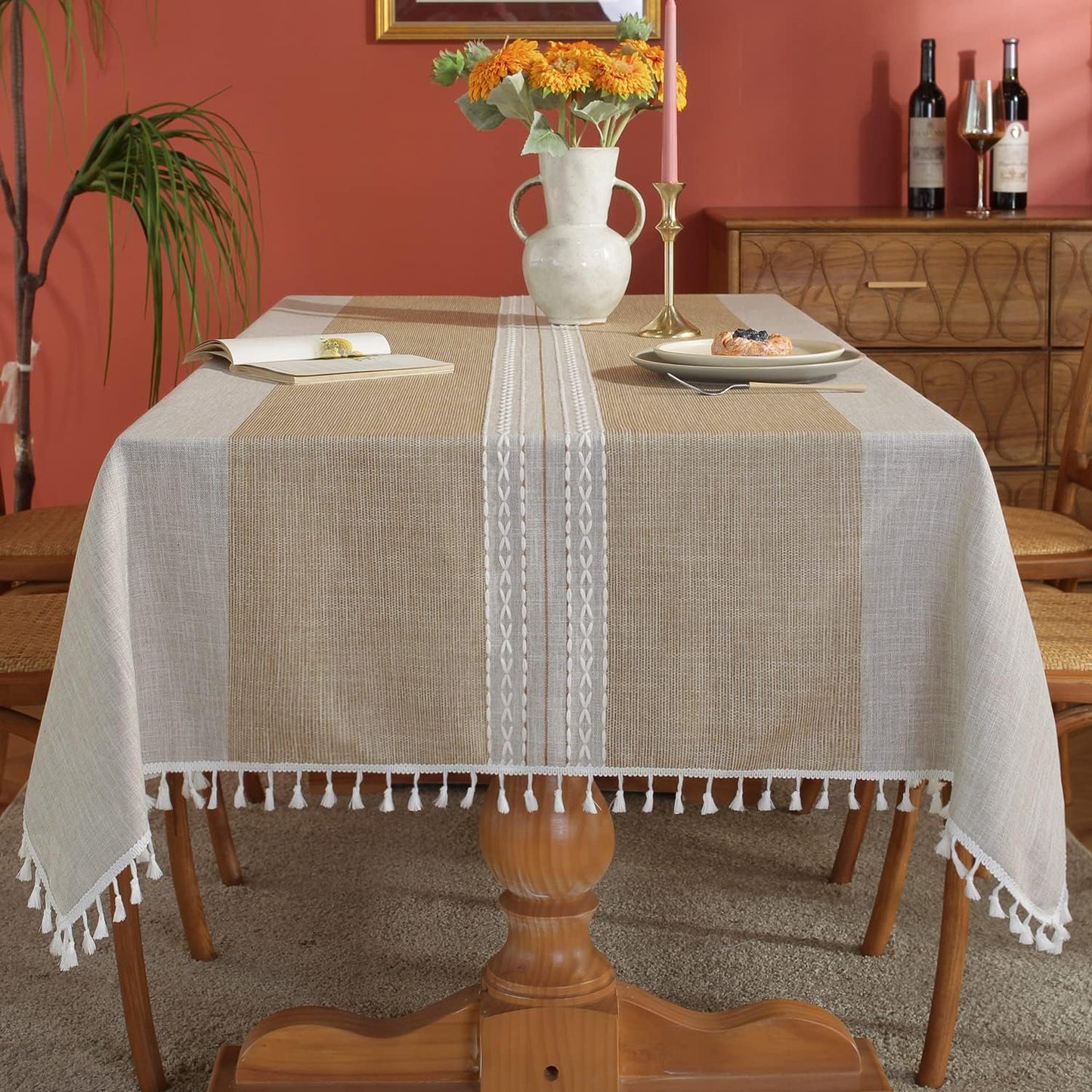 Laolitou Rustic Cotton Linen Table Cloth,Tablecloths for 6 Foot Rectangle Tables,Waterproof Washable Tablecloth with Tassel Rectangle/Oblong, 55''x 86'', 6-8 Seats