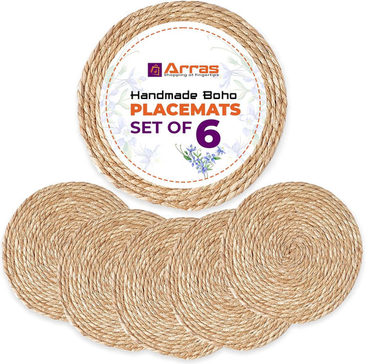 ARRAS 6 Pack Woven Round Rattan Placemats I 12" Natural Water Hyacinth Wicker Placemats I Rustic Boho Braided Wicker Table Mats I Heat Resistant Woven Placemat I Ideal for Dining, Kitchen, Home Decor