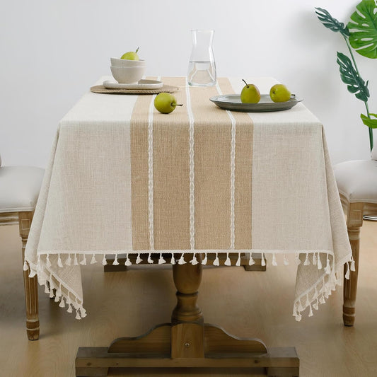 Softalker Fall Tablecloth Rectangle, Outdoor Waterproof Linen Cotton Farmhouse Table Cloths with Tassel, Heavy Weight Wrinkle Free Table Cover for Dining/Party/Rustic - 55 x 120 Inch, Coffee Lines