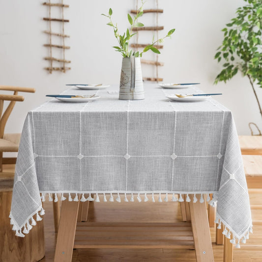 Oubonun Cotton Linen Rectangular Tablecloth - Wrinkle Resistant & Waterproof - Machine Washable Table Cloth with Tassels for Kitchen & Dining, 55''x86'', 6-8 Seats, Grey