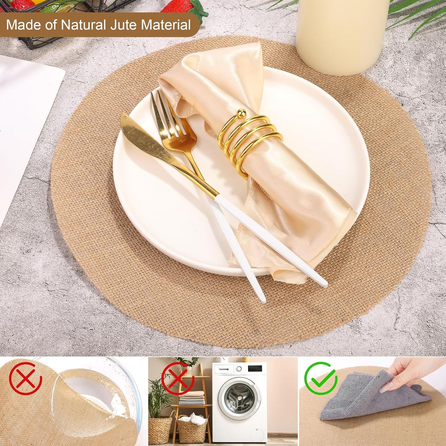 Aneco 50 Pieces Round Burlap Placemats 11.8 Inch Reusable Brown Table Mats Heat Resistant Natural Jute Fibers Placemats Burlap Circle Rustic Table Decorations for Dinner Holiday Farmhouse Decor