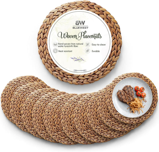 (Sizes:11.8"-13.5''-15") BLUEWEST Woven Placemats (Set of 10), Round Rattan Water Hyacinth Table Mats, Braided Durable & Heat-Resistant Design for Dining Table (11.8'')