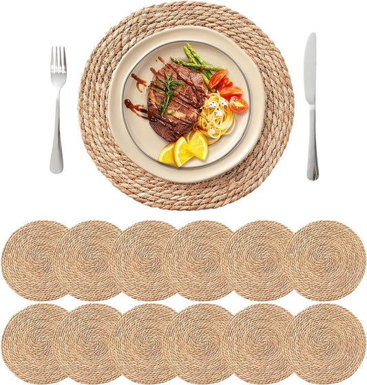 13.5'' Round Woven Placemats Set of 12, Boho Rattan Chargers for Dinner Plates, Rustic Wicker Place Mats, Straw Braided Table Placemats, for Dining Table, Wedding, Farmhouse, Outdoor and Christmas
